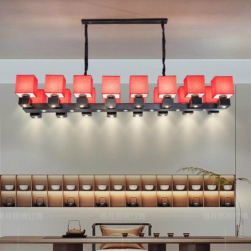 新中式餐厅带射灯酒店会议室灯具长方形吊灯定制大板茶桌国风吊灯
