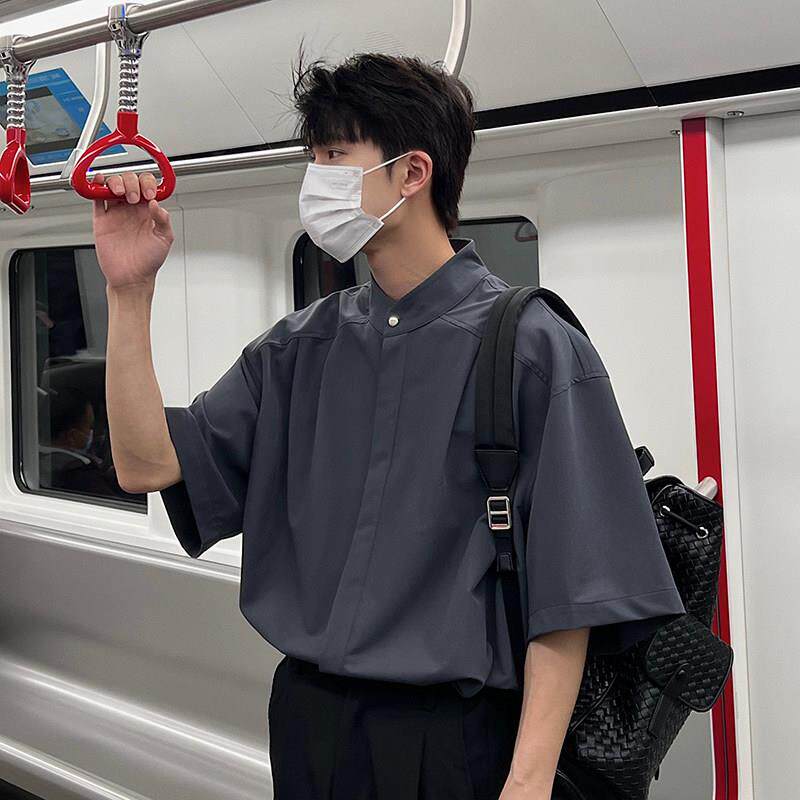 夏季新中式男装痞帅衬衫男短袖潮牌宽松百搭上衣city boy休闲衬衣