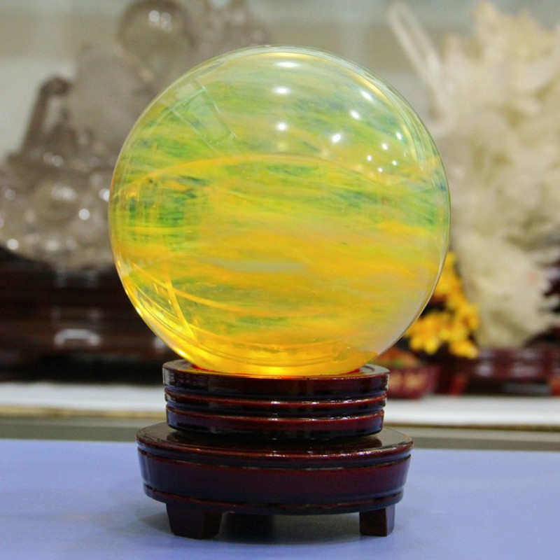 万雅水晶 水晶球旋转底座高人熔炼水晶球应 黄色熔炼水晶球摆件