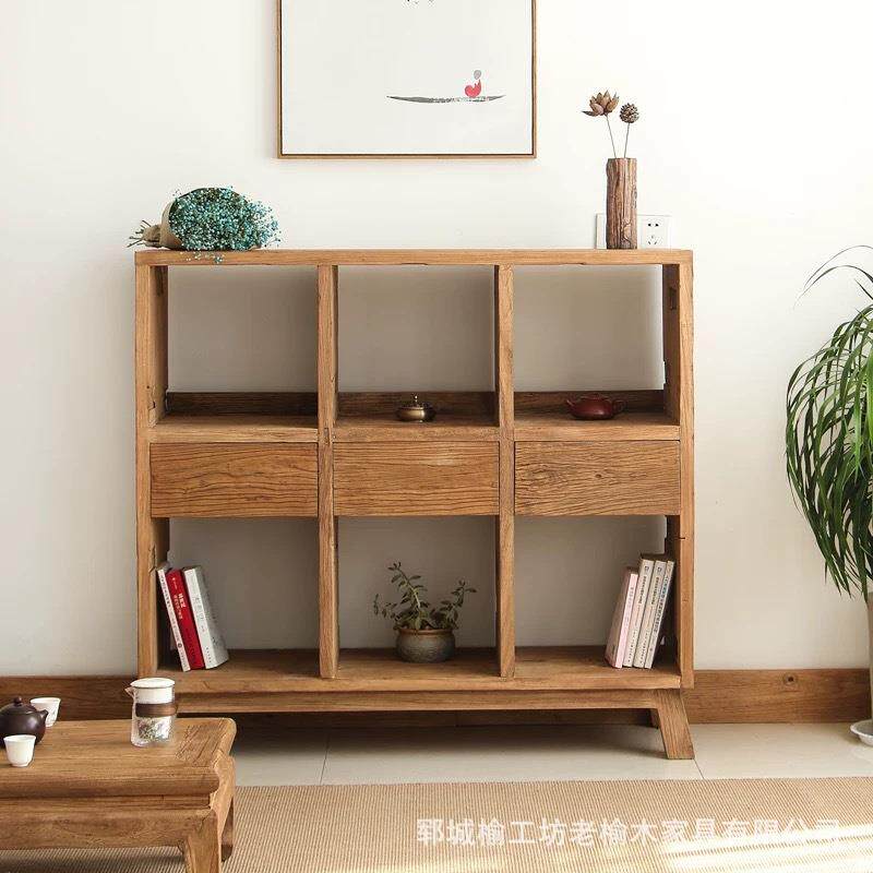 老榆木家用落地式茶具收纳架现代简约小书架办公室实木博古架