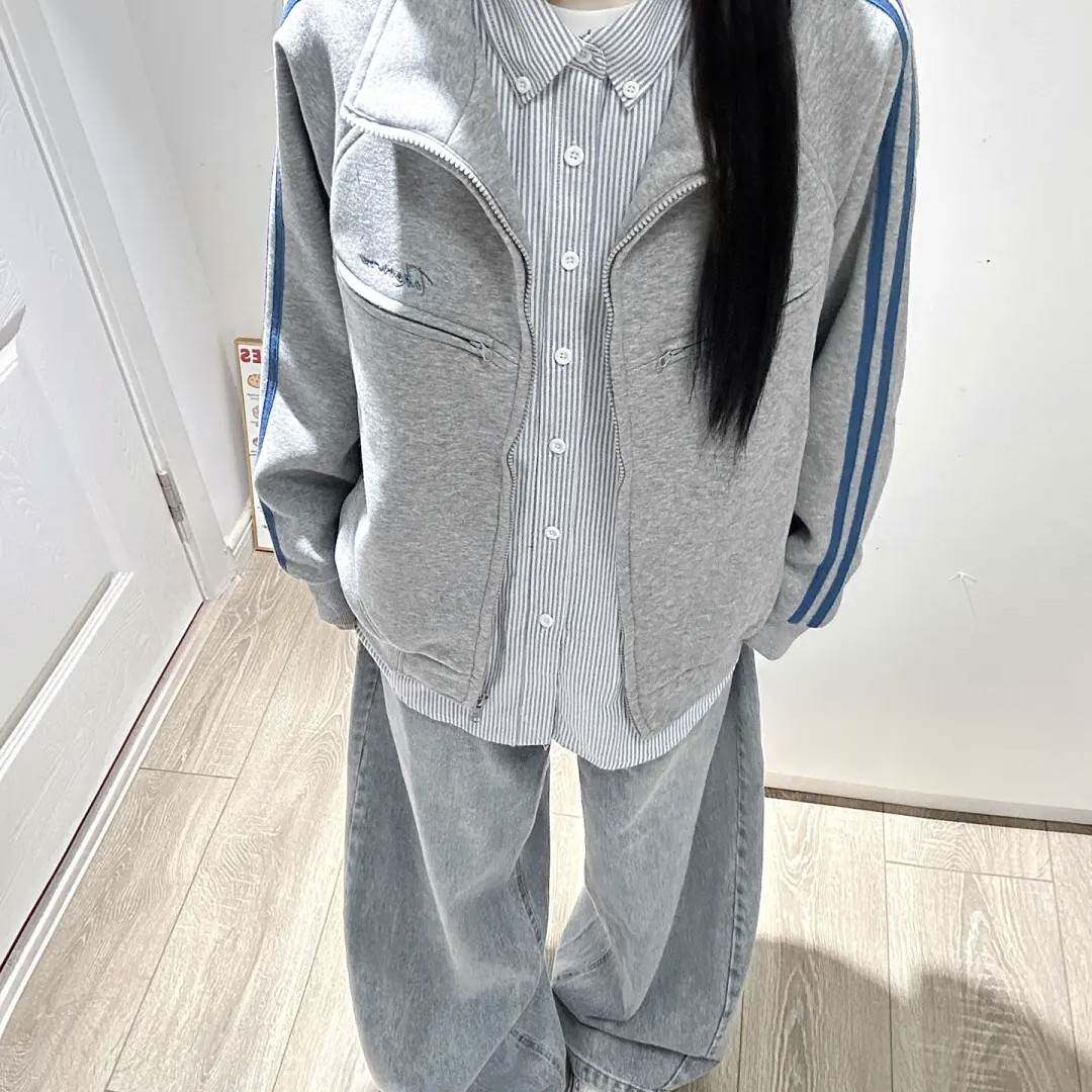 美式撞色条纹双杠立领开衫夹克外套女秋冬韩系运动灰色双拉链卫衣