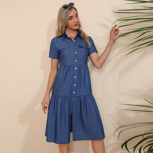 Women's collar denim single shirt short sleeved