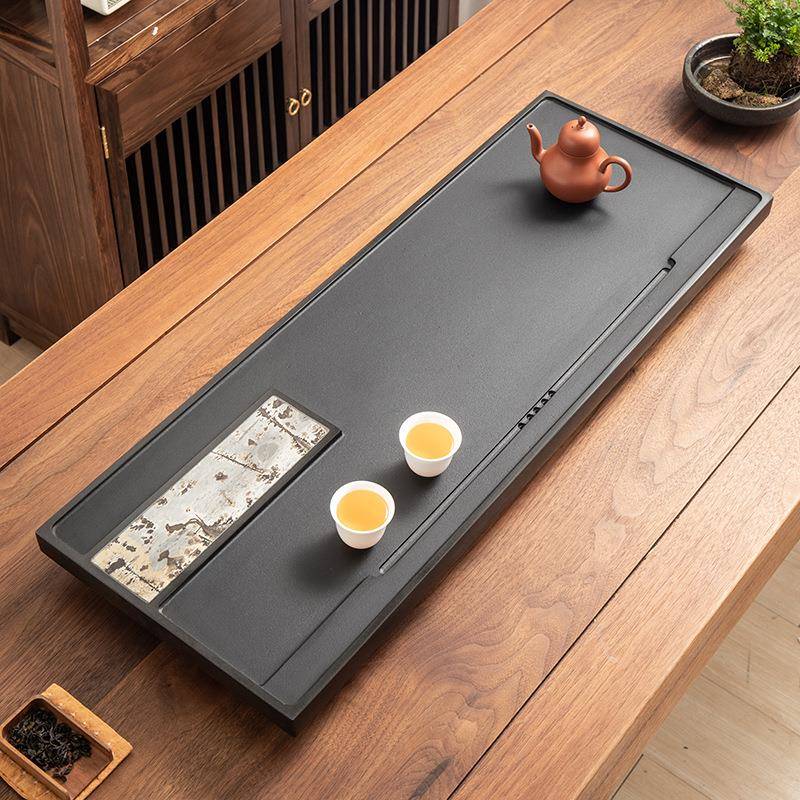 乌金石茶盘镶嵌国画石办公室排水茶盘