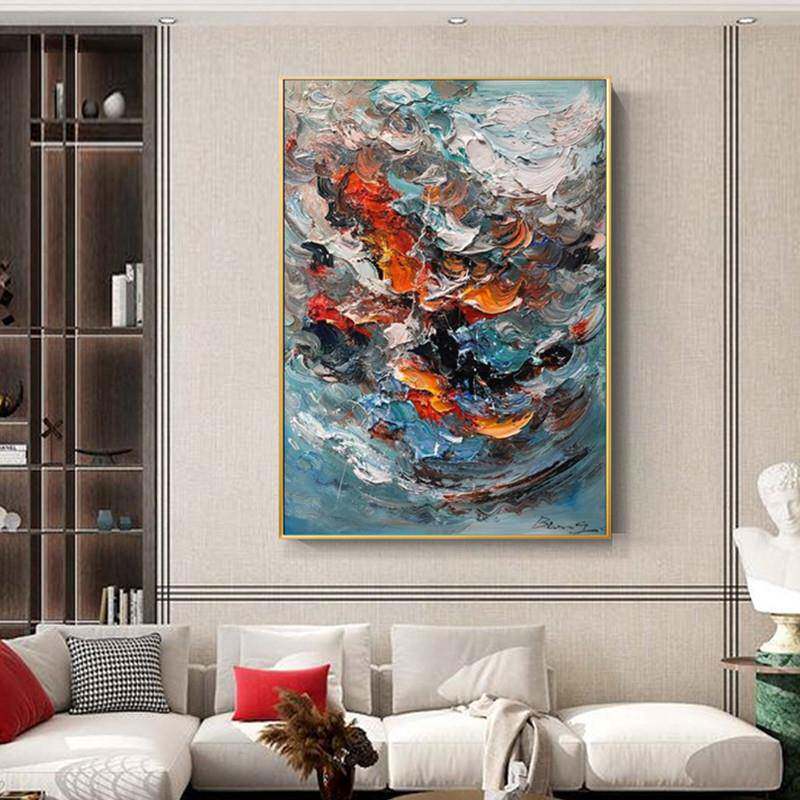 纯手绘油画厚油抽象玄关画大幅落地画现代别墅客厅挂画立体肌理画