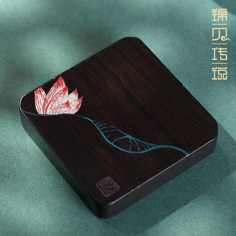 锦贝传说黑檀木茶杯垫螺钿漆器实木质茶具茶托隔热垫中式复古杯垫