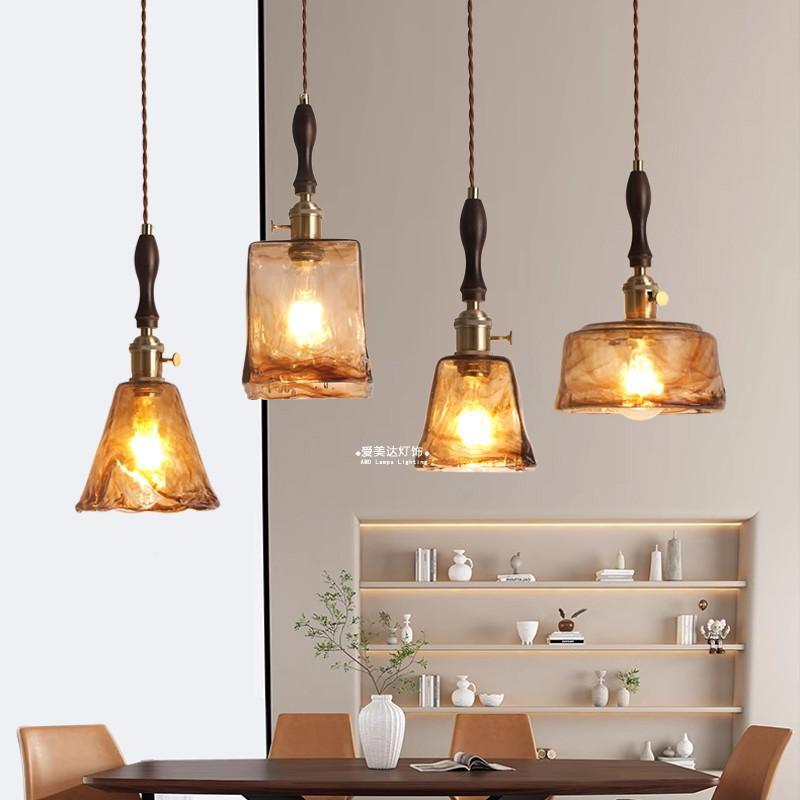 覆古玻璃饭厅吊灯胡桃木色婚庆橱窗咖啡厅吧台玄关走道灯床头吊灯