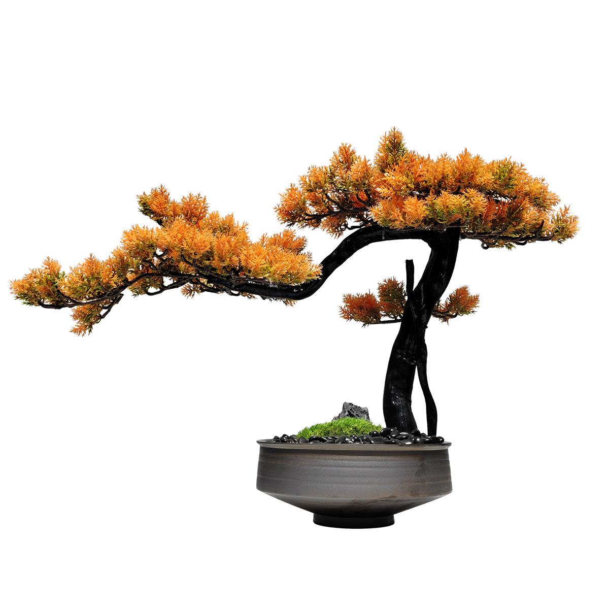 新中式客厅仿真植物盆景室内橙色迎客松绿植盆栽假树桌面装饰摆件