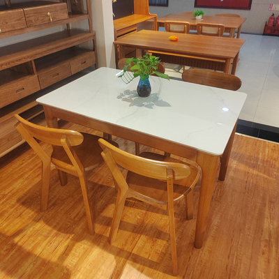 北欧风格白色岩板全实木餐桌椅组合现代简约长方形家用小户型饭桌