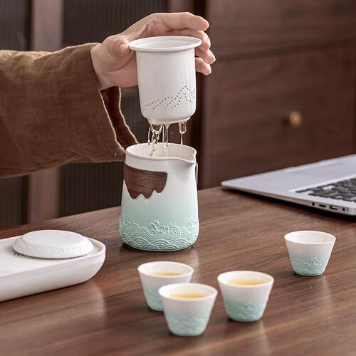 中式海浪快客杯旅行茶具陶瓷一壶三杯便携式泡茶组过滤茶杯带茶盘