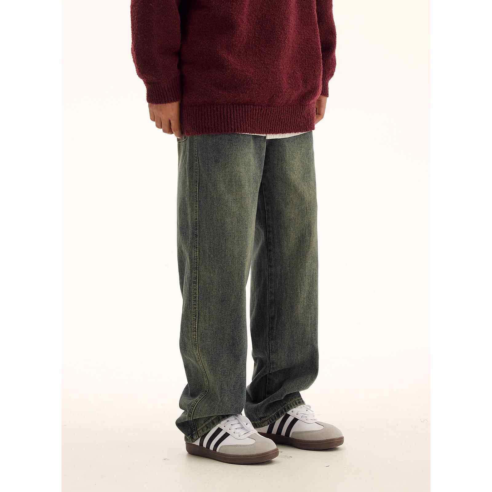 男道美式复古水洗直筒牛仔裤男秋季潮牌百搭高街松紧抽绳休闲长裤