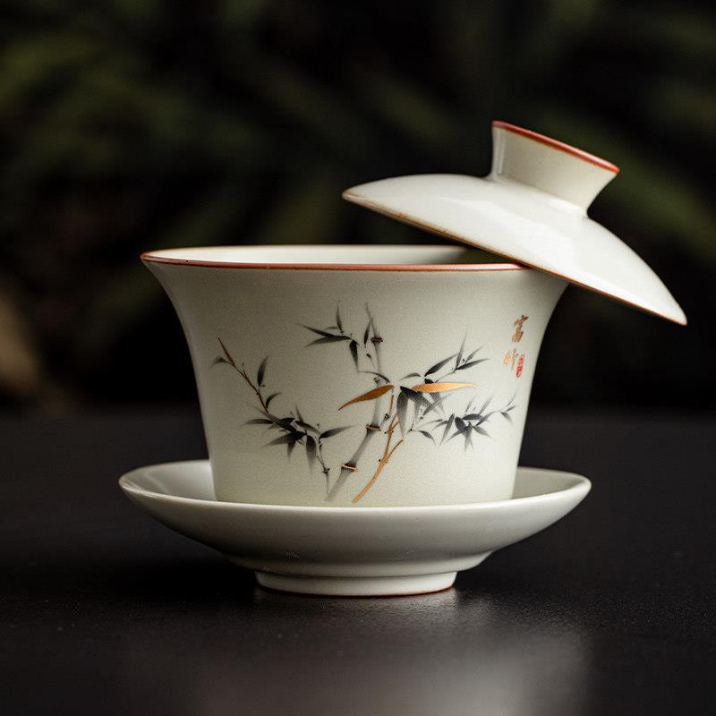景德镇三才盖碗泡茶碗不烫手单个可悬停茶功夫茶具高档汝窑陶瓷