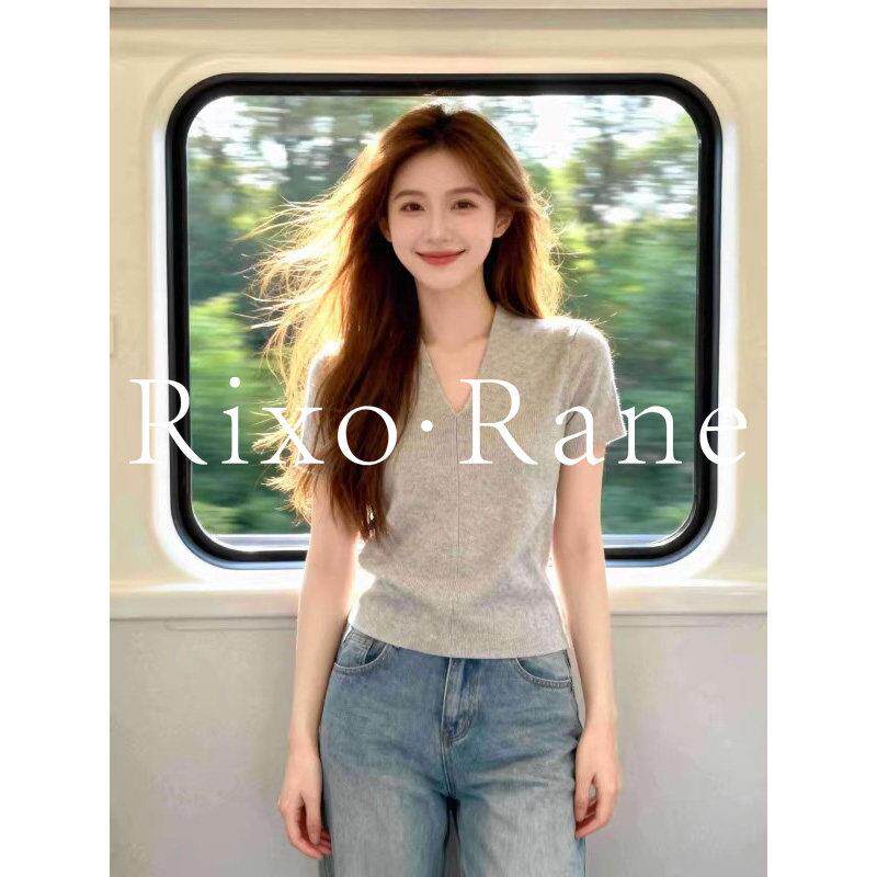 法国Rixo Rane 灰色肌理增格调V领春日休闲风T恤女春短袖针织衫