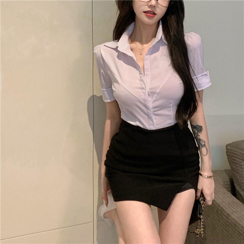 V领性感修身收腰白色衬衫女职业白 衬衫黑裙子套装气质制服工作服