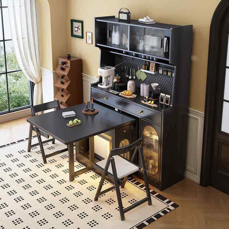 法式复古实木餐边柜折叠餐桌一体黑色中古风家用小户型可折叠靠墙