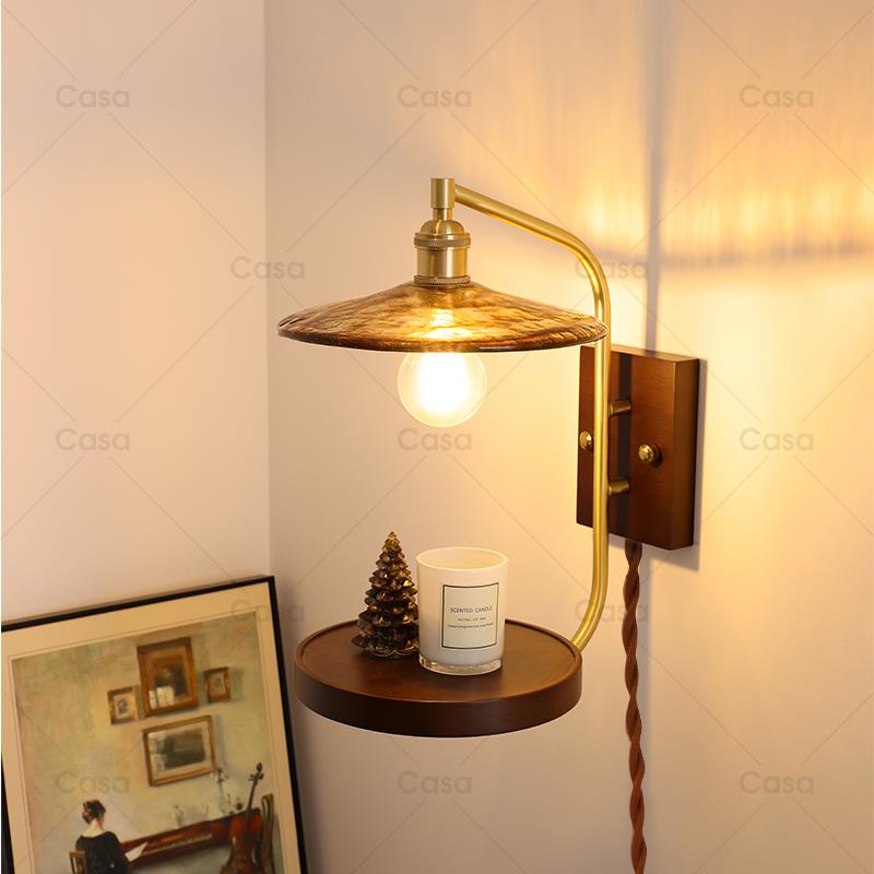 法式中古置物壁灯卧室床头侘寂风黄铜实木沙发旁玻璃灯具casa照明