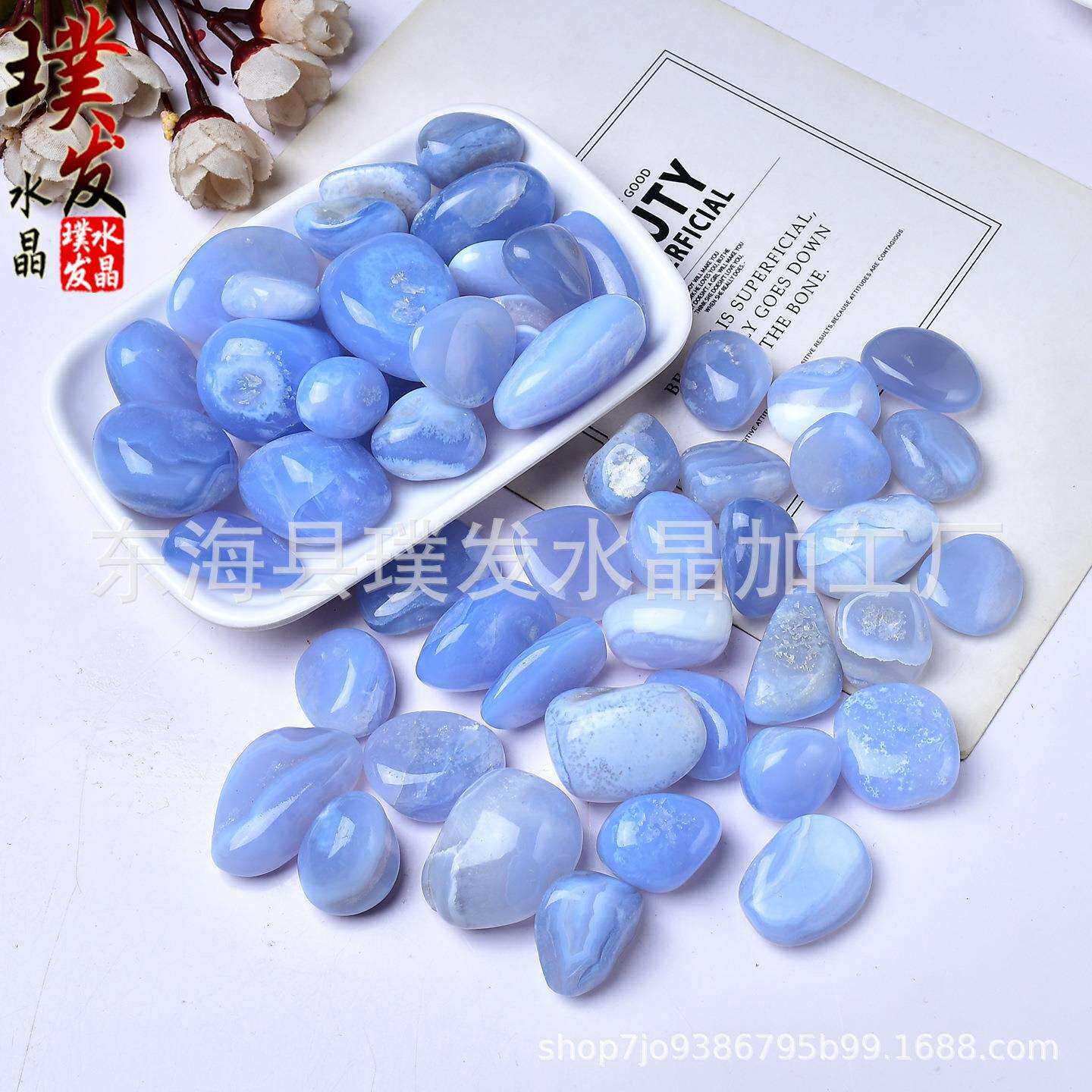 蓝玉髓滚石 蓝纹玛瑙大颗粒随形摆件 跨境商品
