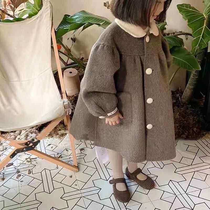 女童毛呢外套冬季新款韩版洋气娃娃领中长款大衣中小童