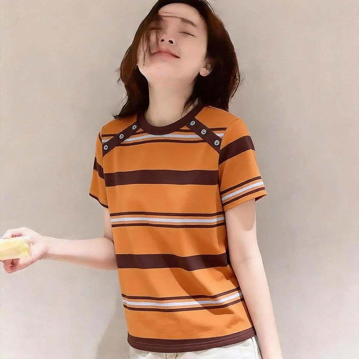 韩版爱玛橙条纹短袖T恤女夏季新款胖mm显瘦宽松设计感时尚上衣潮