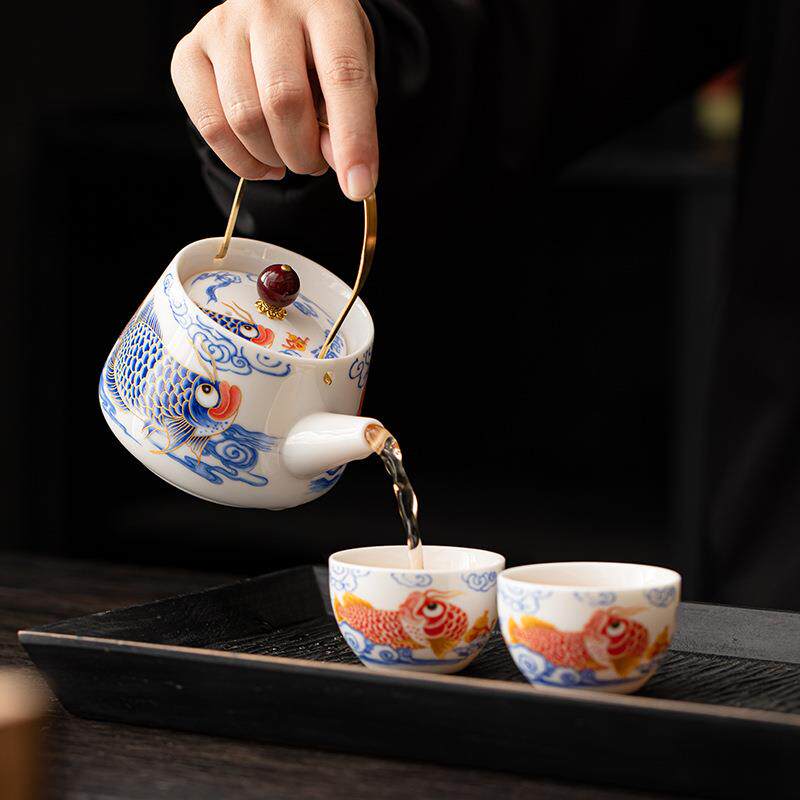 羊脂玉龙鱼提梁壶家用茶壶泡茶喝茶陶瓷茶水壶单壶泡茶器福满茶杯
