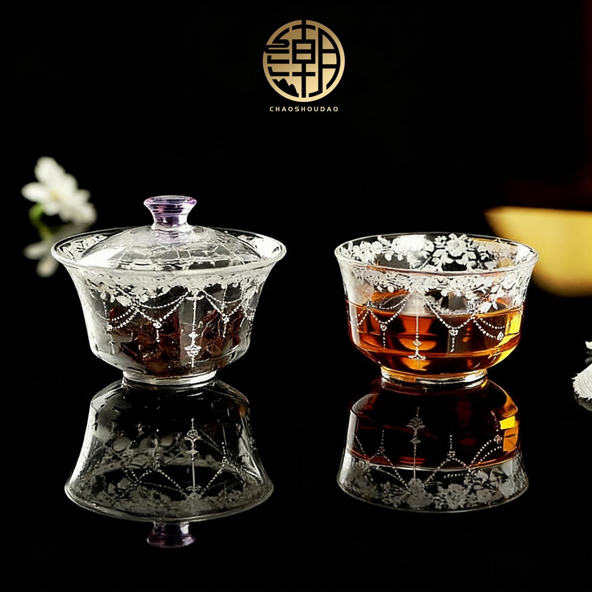 高硼硅耐热玻璃盖碗复古印花蕾丝语花纹品茗杯泡花茶轻奢功夫茶具