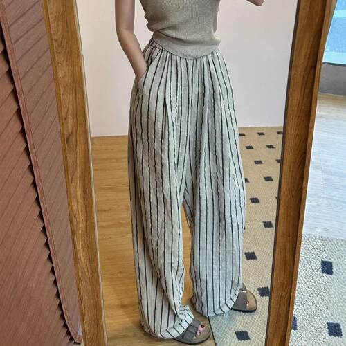 Striped Wide Leg Pants  High Waist Elastic Waist