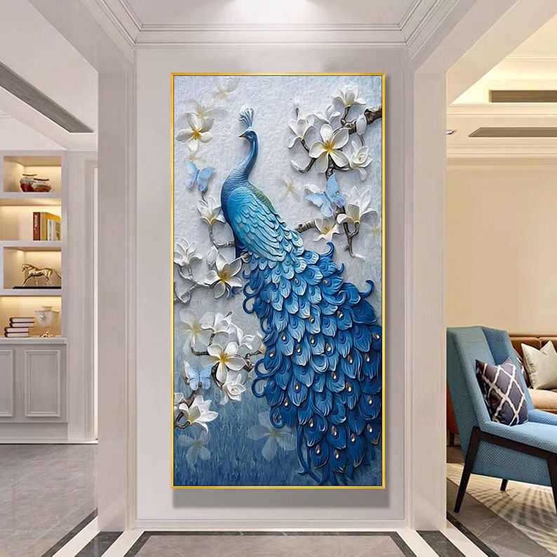 孔雀玄关画入户装饰画晶瓷镶钻走廊过道挂画寓意好壁画背景画图片