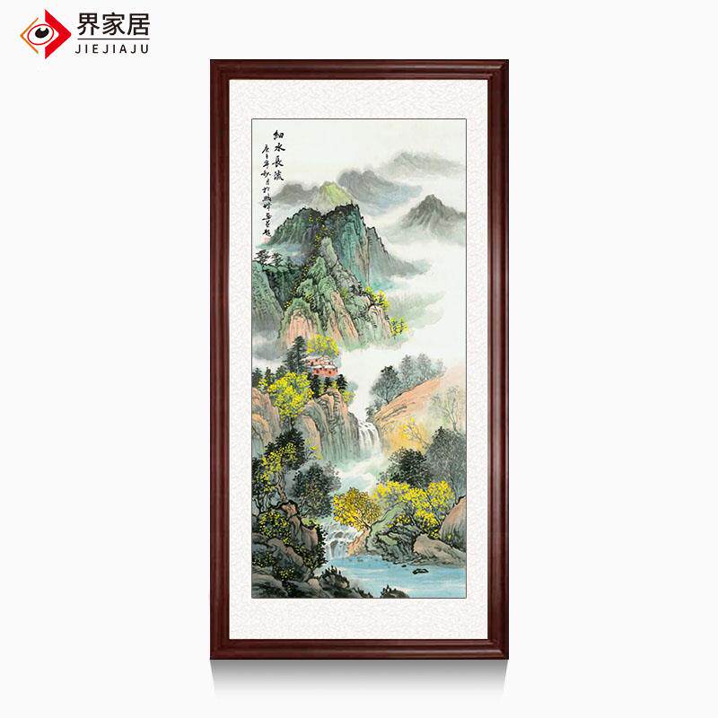 竖版玄关挂画细水长流手绘国画山水画新中式水墨装饰画步步高升