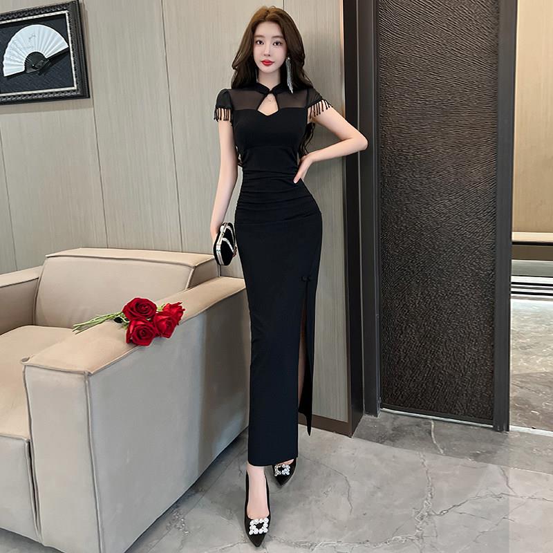 赫本风性感流苏改良式旗袍小黑裙高腰凸显身材收腰开叉显瘦洋装女