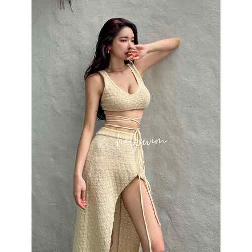Knitted split swimsuit women's style three+beach skirt