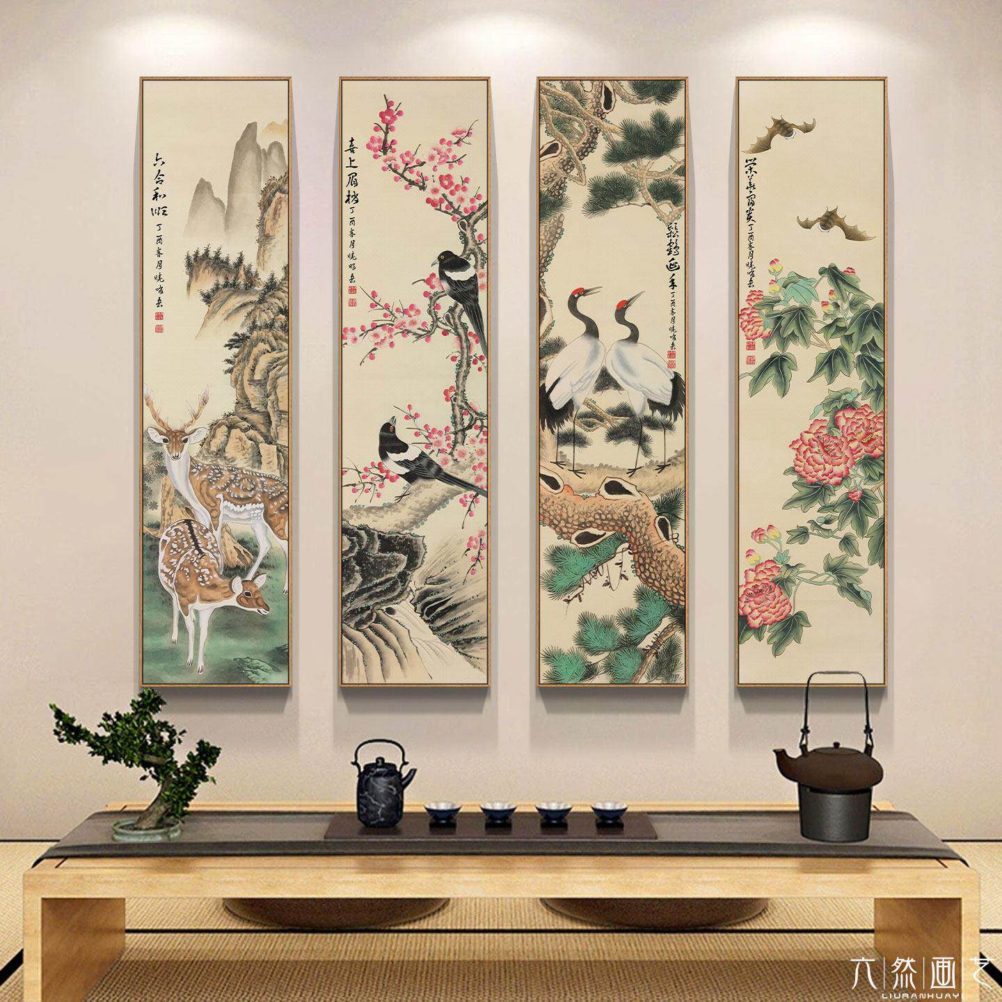 新中式客厅墙壁装饰画茶室茶桌背景墙四联画喜上眉梢玄关挂画国画