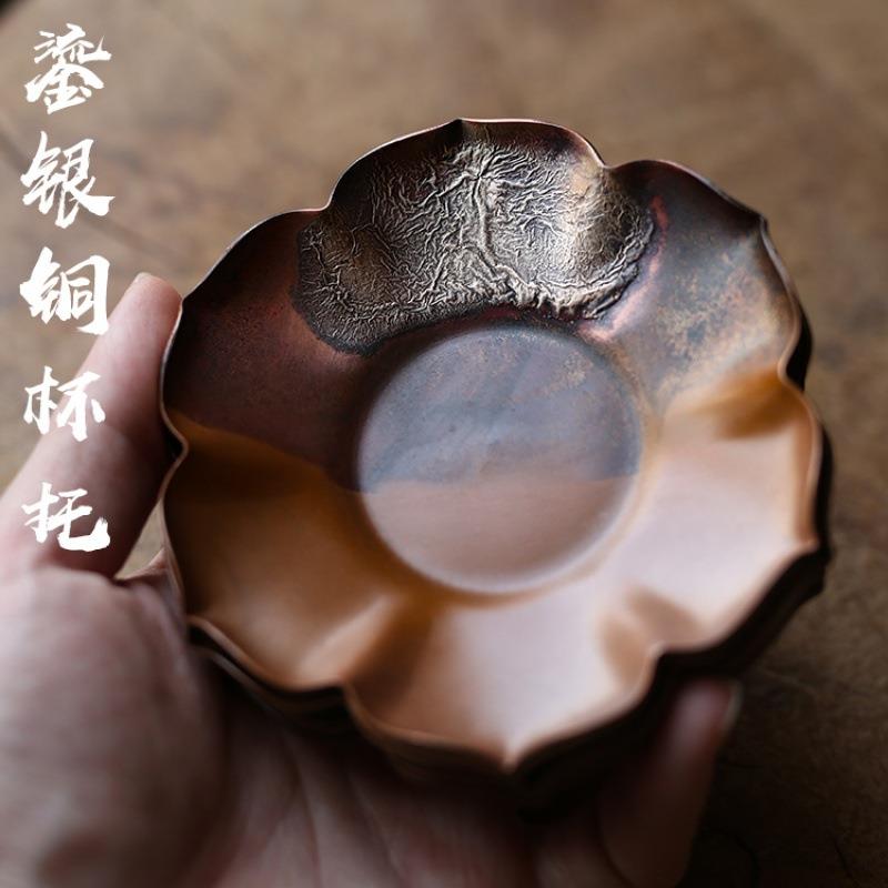 茶托莲花 鎏银紫铜茶杯垫仿古隔热锡杯托奉茶垫铜茶具