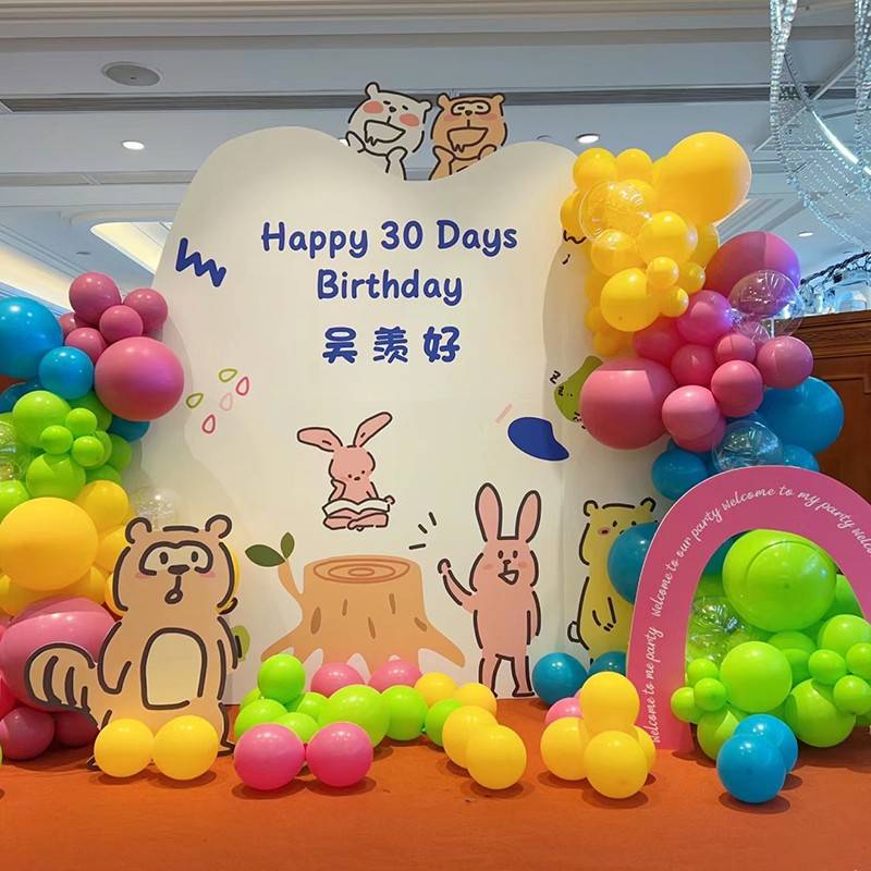 多巴胺色系插画风小众生日布置装饰背景墙kt板定制气球套餐百日宴