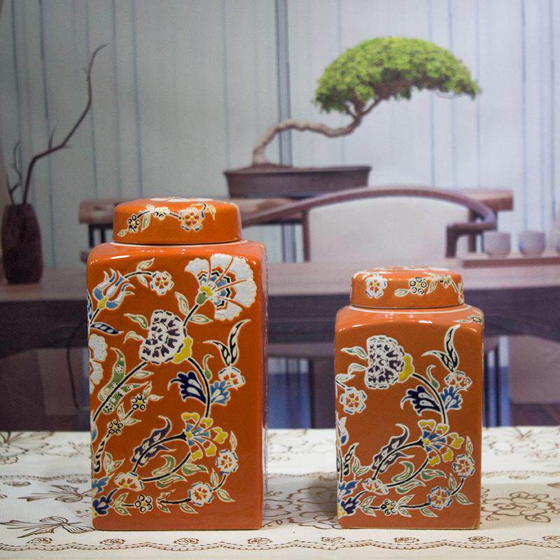 新中式家居客厅摆件家用储物四方罐简约干花插花软装饰品陶瓷罐子