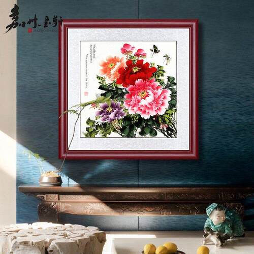 中国画，方花盛开，财富挂画，牡丹花装饰画，客厅壁画，花鸟画，