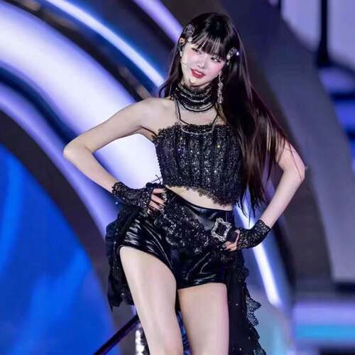 IVE同款打歌服黑色亮片蕾丝抹胸舞台装女演出服性感摇滚表演套装