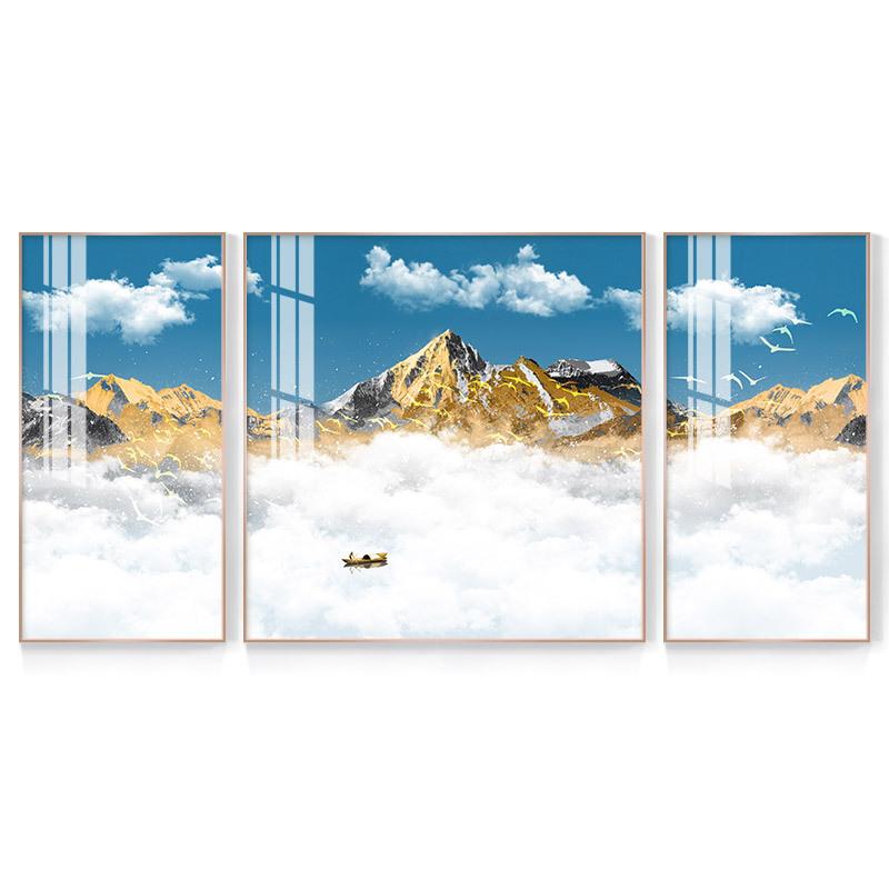 背靠金山新式中山水晶瓷装饰画厅画三联画发财麋鹿VSN中式客抽象