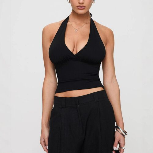 Women White Halter Neck Front Ruched Detail V Neckline