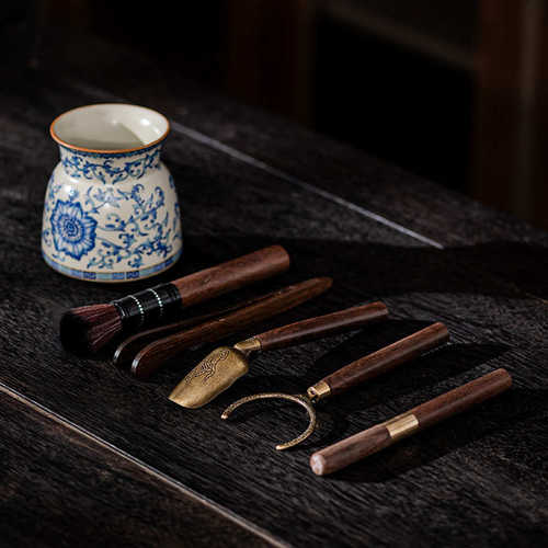 青花汝窑瓜棱茶道六君子泡茶工具茶刀茶夹茶刷勺功夫茶具用品配件