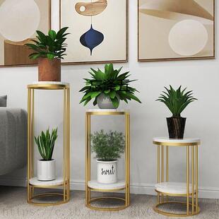 轻奢岩板落地式 花架简约圆形大理石置物架客厅电视柜旁绿萝花盆