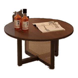 原木藤编实木茶几小户型客厅家用阳台圆形日式简约藤编茶桌桌子