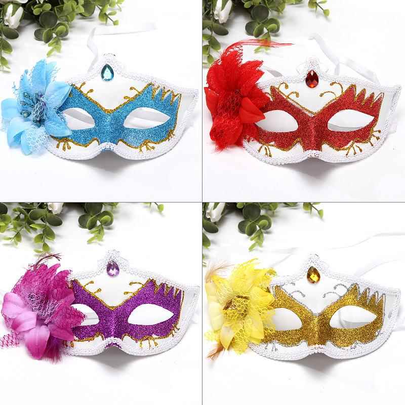 喷漆金粉加花公主面具 小美女带钻侧边羽毛表演道具女式半脸面具