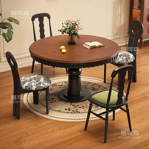 中古风圆形实木餐桌法式复古黑色美式高级感小户型新款会议洽谈桌