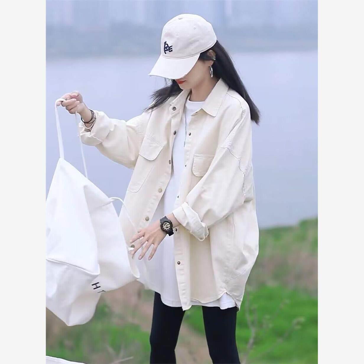 中长款白色牛仔外套女春秋季韩版遮屁股后背水洗标宽松百搭上衣