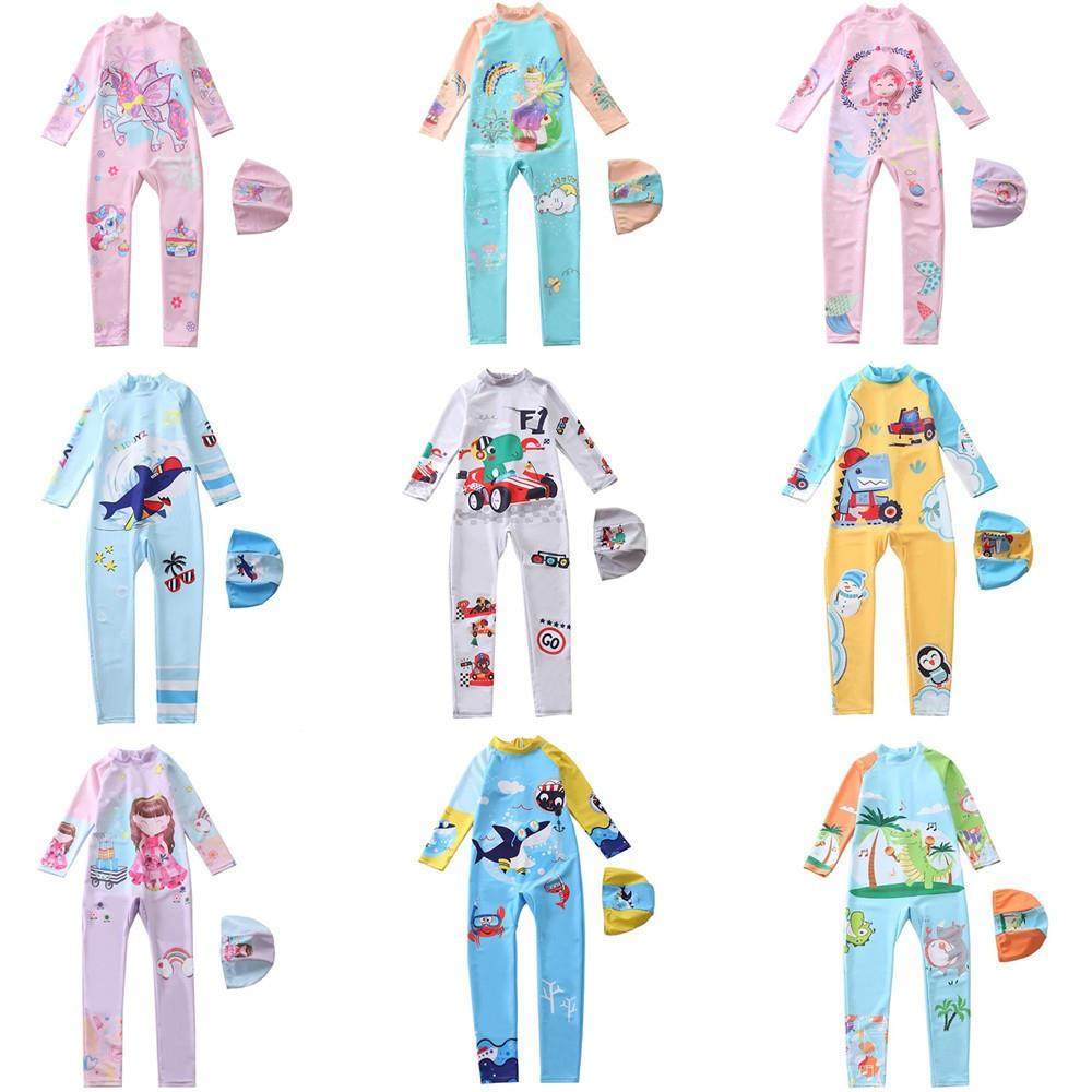 儿童泳衣连体男女长袖长裤沙滩防嗮泳装卡通中大童冲浪游泳衣