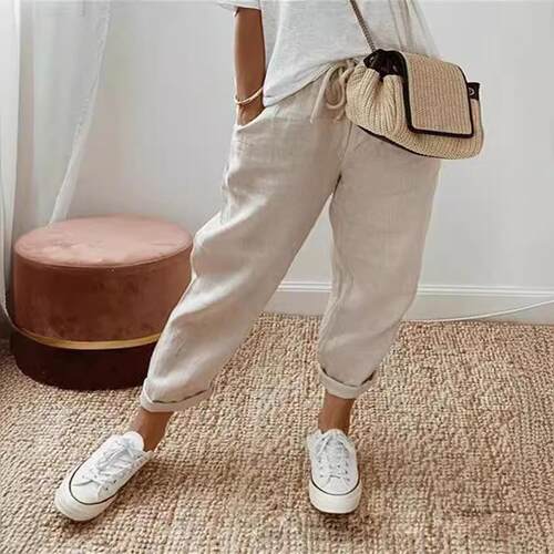 Women's cotton and linen pocket elastic pants