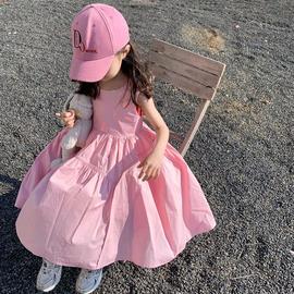 女童连衣裙2024夏韩版儿童无袖，纯色公主裙小女孩设计感棉布度假裙