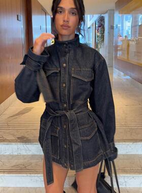 Women's standing collar workwear denim jacket