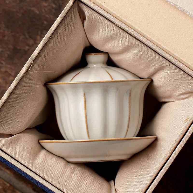 汝窑米黄三才盖碗可悬停茶杯陶瓷家用覆古泡茶碗开片可养汝瓷单个,餐饮具,盖碗,淘宝优惠券,粉丝福利购,淘宝优惠卷