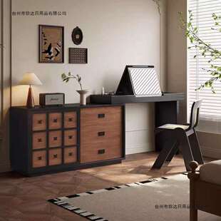 新款复古中古风卧室梳妆台斗柜一体高级感床尾储物柜胡桃木梳妆台