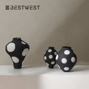 博家居点 装手工瓶装摆件陶瓷家居简约花瓶插花饰现代西白波黑软